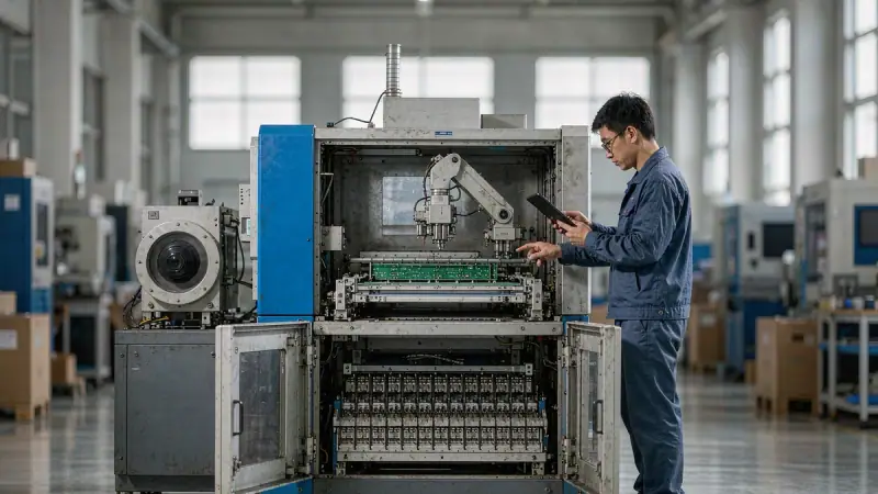 Engineer verifying a used placement machine